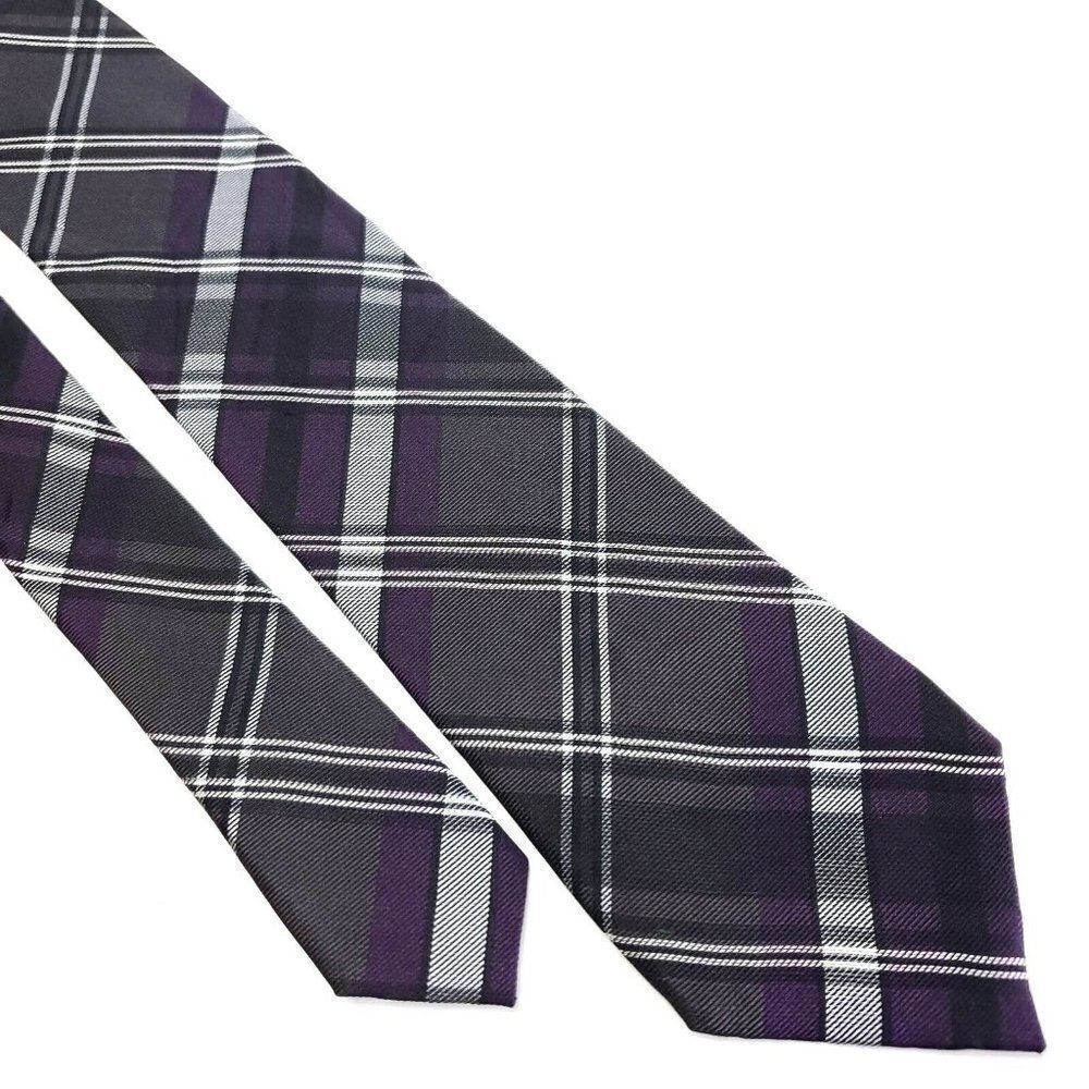 Kenneth Cole Reaction Purple Gray Plaid Woven Skinny Silk Tie‎